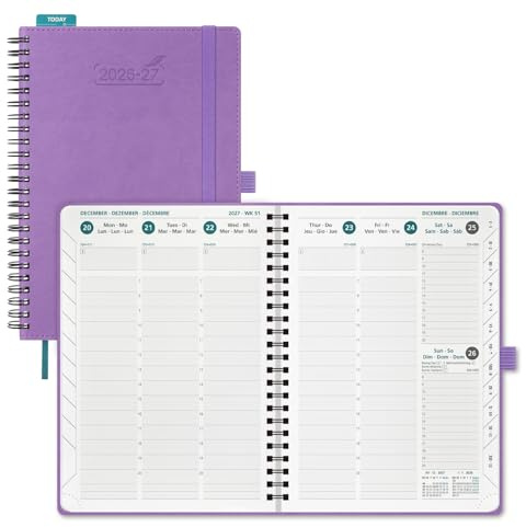 BEZEND Kalender 2026 2027 Buchkalender 1 Woche 2 Seiten A5 (21,5 x 15,5 cm) | 18-Monate Wochenplaner (Juli 26-Dez 27), Ringbuch mit PU-Leder Softcover, 80 GSM Papier, Lavendel