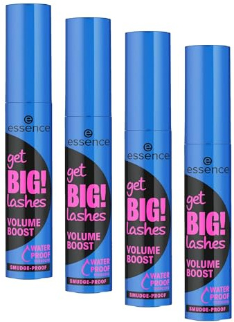 essence get BIG! lashes VOLUME BOOST WATERPROOF mascara, Schwarz, langanhaltend, volumengebend, schwunggebend, vegan, wasserfest, ohne Mikroplastikpartikel, Nanopartikel frei, 4er Pack (12ml)