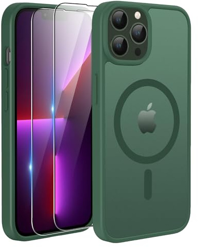 TQIAHF Magnetic Phone Case Cover for iPhone 13 Pro,Green | with 2 Tempered Glass Screen Protector Compatible with MagSafe Military Grade Shockproof Protective Slim Translucent Matte