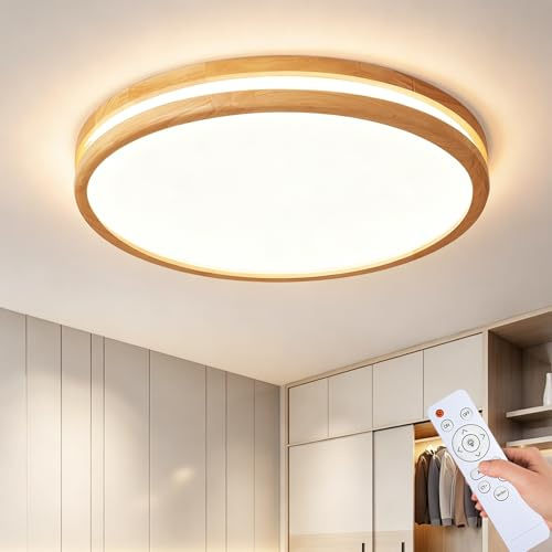 Style home 96W LED Deckenleuchte dimmbar mit Fernbedienung Ø50x6cm Holz | 3000-6000K,Rund Flach LED Deckenlampe Modern Lampe für Wohnzimmer Schlafzimmer Büro Küche Diele
