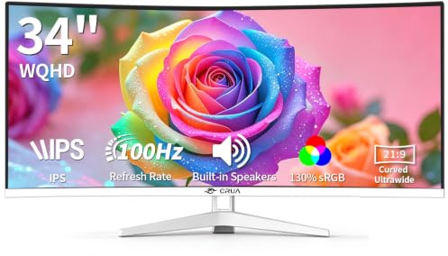 CRUA 34 Inch IPS Monitor, Ultrawide WQHD 3440x1440 IPS 100Hz, 21:9 Gaming Monitor with Speakers, HDR FreeSync 3800R, Low Blue Light Flicker Free - White