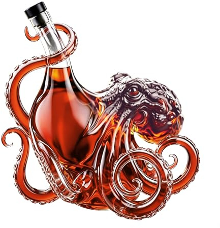 Octopus Wine Bottle, 3D Artistic Glass Decanter Nautical Decor with Dark Tentacles, for Whiskey Wine Soda 350ml Ocean Themed Bar Gift (Transparent, 350ml)