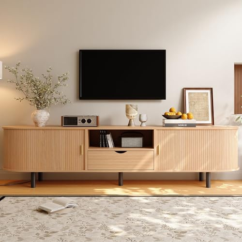 BENMWS Moderner Fernsehtisch lowboard, TV-Schrank mit Runddesign und Rollo-Tür, aus MDF, bis 50 kg belastbar, mit Schublade & offenen Fächern, für Wohnzimmer, 175x40x55cm, Naturholzfarbe, Natürlich