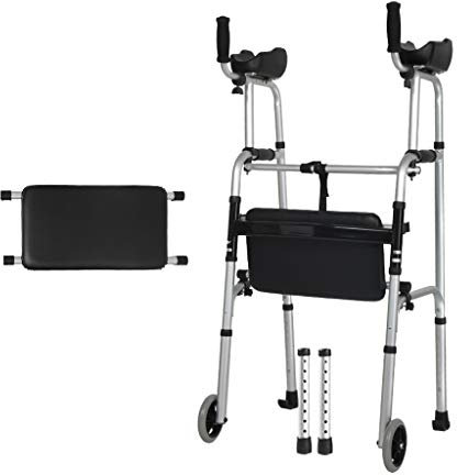 Standard Faltbar Gehwagen für Senioren Gehhilfe mit 2 Rädern und Sitz | Klappbar Laufhilfe mit Einstellbar Stockhalter | Leichtgewicht Rollator aus Aluminium Gehrahmen