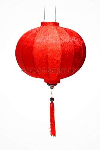 Asiatische Lampion aus roter Seide, R Ø 38 cm – traditionelle Laterne von Hoi an aus Stoff, Bambus und Holz – Handwerk und Dekoration von Vietnam (R25-R)