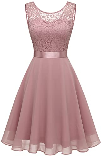 Berylove Femme Robe de Cocktail Courte Top Dentelle Jupe Mousseline Swing pour Bal Mariage BLP7005Blush L
