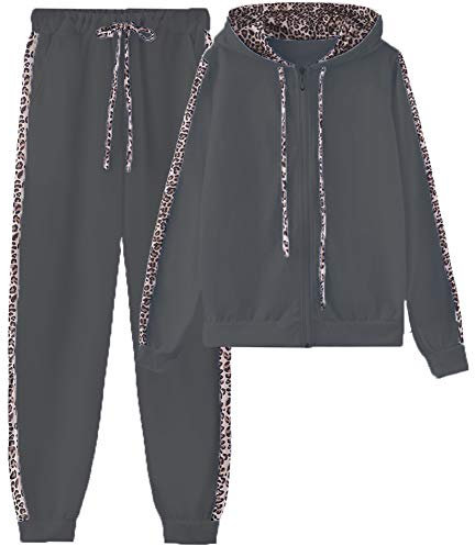 amropi Donna Tuta Sportiva Set Leopardato Maniche Lunghe Felpa con Cappuccio e Jogging Pantaloni (Nero, L)