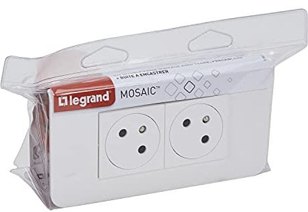 LEGRAND - Prise Double Murale Précâblée avec Terre Mosaic Surface Link à 45° - Prise 2P+T + Boîte d'Encastrement + Plaque de Finition - Fabriqué En France - Blanc