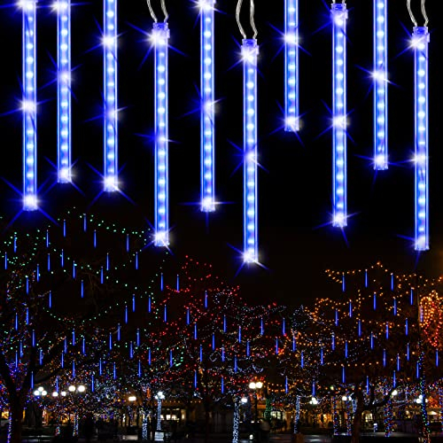 PhilzOps Meteoros Lluvia Luces Exterior, 30cm 10 Tubos 240 LED Luces Lluvia Impermeables IP44 Guirnalda Luz de Hadas Navideña para Decoración Navidad Árbol Exterior Jardín Bodas Fiestas Patio, Azul