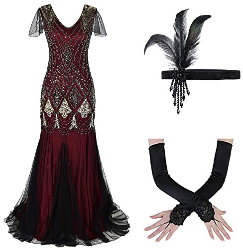 OBEEII Cocktailkleid Abendkleid Damen Gatsby 1920er Jahre Kleid Flapper Fransen Kostüm V Hals Pailletten Kleid Party Ball Latein Abend Art Deco, # Farbe 4, XXL