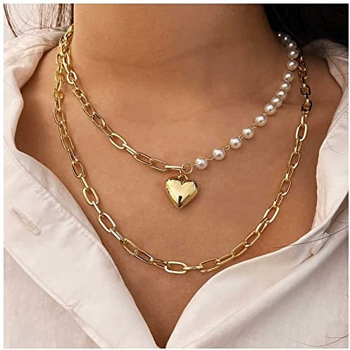 Yheakne Boho Geschichtet Perle Choker Halskette Gold Herz Anhänger Halskette Büroklammer Link Kette Halskette Perle Nähen Halskette Kettenschmuck Für Frauen Und Mädchen