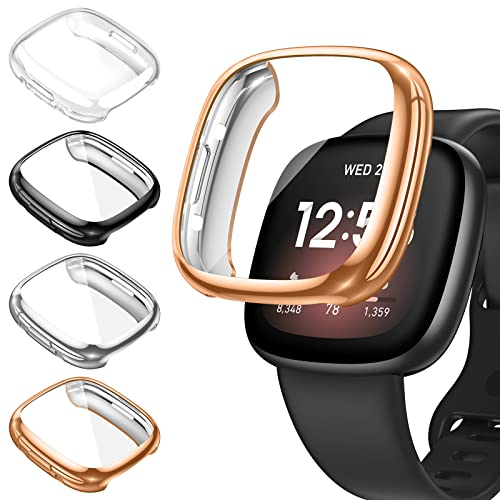 Kamita [4Pièces] Coque Compatible avec Fitbit Versa 4/Sense 2, TPU Bumper Case avec Protecteur d'écran, Ultra Mince Étui de Protection Couverture Complète Cover pour Versa4 (Clair+Noir+Argent+Orrose)