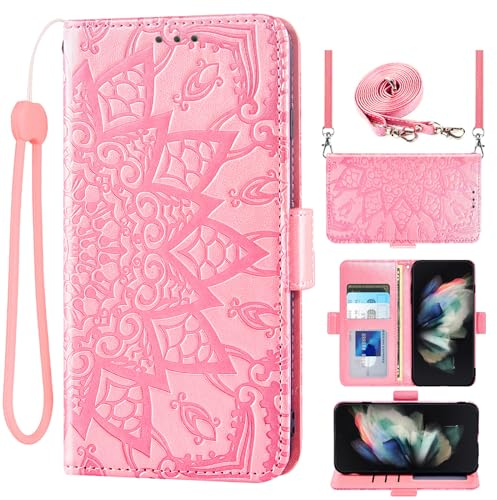 Asuwish Funda para Samsung Galaxy Z Fold 3 5G Funda con Banda Cristal Tarjetero Plegable Cuero Monedero Soporte ZFold3 Z3 ZFold 3Z ZFold35G Fundas Teléfono Móvil Fundas Mandala Phone Case Rosa