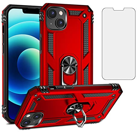 Compatible with iPhone 14 Plus 6.7 inch Case with Tempered Glass Screen Protector and Ring Holder Stand Magnetic Phone Cover for i-Phone 14+ iPhone14Plus 5G i i14 + iPhone14 14Plus Women Men Red