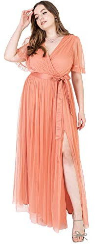 Anaya with Love Ladies Maxi Dress for Women V Neckline Short Sleeve Frilly Long Empire Waist for Wedding Guest Bridesmaid Maid of Honour Coral Pink Size 16
