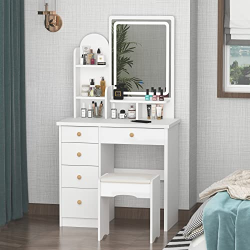 Caldion Schminktisch mit Spiegel und Beleuchtung,Schminktische mit Hocker Frisiertisch mit 5 Schubladen, Regale, Kommode Schreibtisch und gepolsterte Hocker Set 80cm(B) x 40cm(T) x 140cm(H)