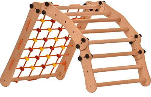 Rinagym indoor Klettergerüst – Indoor Leiter mit Kletternetz - Zusammenklappbarer Holzrahmen für Kinder, fördert das Gleichgewicht - Farbe & Lack auf Wasserbasis - Sicherheitsschloss - 50 kg Tragkraft