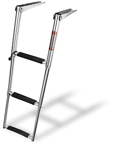 Young Marine Stainless Steel Drop Down Telescopic and Folding Boat Ladder with White Plastic Footboard,Over Platform Mounting (3 Steps Black)