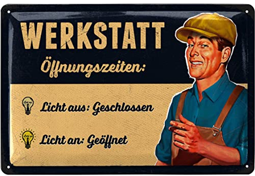 LANOLU Retro Blechschild WERKSTATT ÖFFNUNGSZEITEN SCHILD, lustige Werkstattschilder für Männer - wichtige Regeln für die Werkstatt, KFZ Mechaniker Geschenk Vatertag, Garagen Deko Metallschild 20x30cm