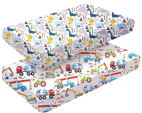 2-Pack Baumwolle Spannbettlaken für Mädchen Jungen | Bettwäsche für Kinderbett | Pflegeleichte weiche Baumwolle und haltbar, Einzigartige Auto & Dinosaurier Druck Baby Krippe Laken-60 x 120 cm