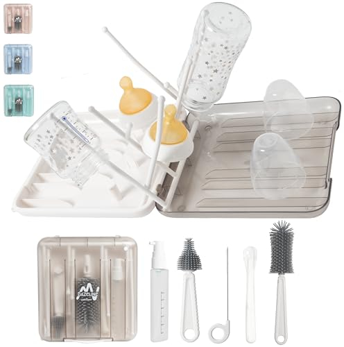 BAZELINE CREATIONS 7-in-1 Babyflaschen Reinigungsset: Flaschenbürste, Saugerbürste, Strohbürste, Seifenspender, Löffel, Trockenständer Babyflaschen, Aufbewahrungsbox – Travel Essentials (Grau)