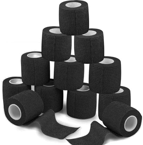 ANAMPION 12 Rolls Self-Adhesive Football Sock Tape 5cm x 4.5m Self Adherent Cohesive Bandages Wrap First Aid Athletic Sports Tape for Wrist Ankle Pet & Vet Wrap for Dogs, Horse (Black)