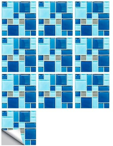 10pcs Stickers Carrelage, Stickers Carreaux Autocollant 20x20cm Carrelage Adhesif Mural Cuisine, Bleu Pvc ImperméAble Mosaique Autocollant De Bains DéCor À La Maison