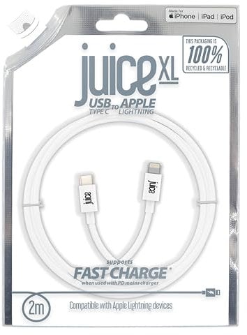 Juice USB Type C - Apple Lightning, 2m Charger and Sync Cable for Apple iPhone 14, 14 Pro, 13, 13 Pro, 12, 12 Mini, SE, 11, XS, XR, X, 8, 7, 6, 5, iPad, Airpods Pro - White