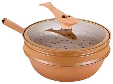 HOUSN Keramikpfanne Induktion Topfset, Wokpfanne Induktion Pfannenset Mit Deckel, Wok Pfanne Keramik Antihaft, Große Flache Sautepfanne Dampftopf Set,Braun