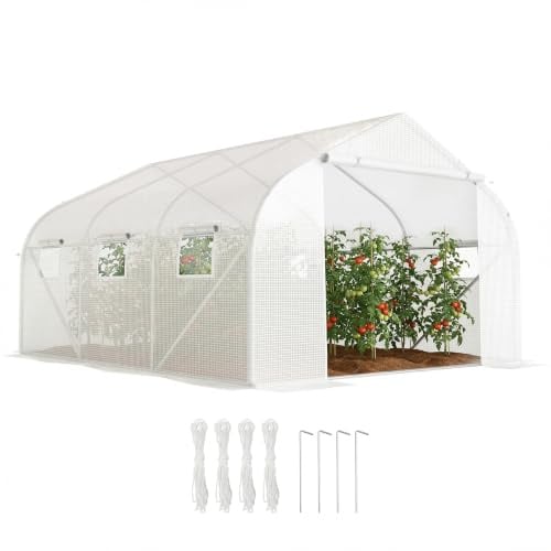 Outsunny Foliengewächshaus, 3,5 x 3 x 3 m Gewächshaus, Tomatenhaus mit UV-Schutz, Mesh-Fenster, Winddichtes Treibhaus für Garten, Balkon, Metall, Weiß