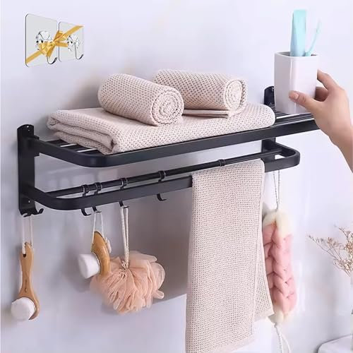toalleros de baño sin Taladro, Plegable, 60 centimetros, toallero Adhesivo baño, 5 Ganchos, Colgador Toalla baño, toallero Negro para baño, tendedero Pared, toalleros de baño, 2 colgadores de Regalo
