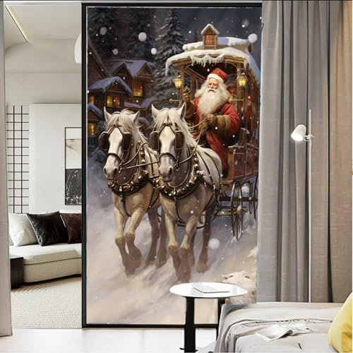 Rustikaler Weihnachtsmann Buntglas Fensterfolie Vintage Weihnachten Landschaft Fenster Sichtschutzfolie Nicht Klebende Glasfolie Dekorative Statische Frischhaltefolie für Home Office 90 * 140CM