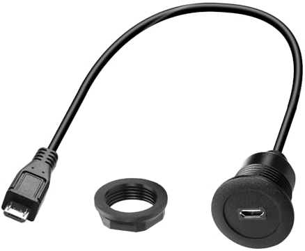 QIANRENON Micro USB Gewinde Feste Montage Laden Kurze Kabel Adapter Micro USB Stecker auf Buchse Eingebettet Montage Daten Anschluss 480Mbps 5V 2A, Einbau Auto/RV/Boot/Armaturenbrett/Desktop, 30cm