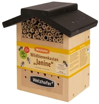 Welzhofer Wildbienenkasten Janine, Bienenhotel mit Brutröhen mit 10cm Tiefe - mehr Platz für die Eiablage, Insektenhotel aus massivem Buchenblock gefertigt, Wildbienenhaus handgemacht in Europa