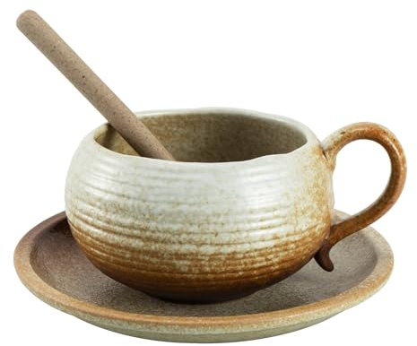 Simanli 5oz Coffee Cup and Saucer Set Ceramic Espresso Cups with Saucer and Spoon Tea Cup Cappuccino Mugs for Kitchen Cafe Teaparty Birthday Gift (Kiln Turns White)