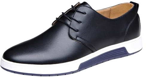 Herren Business Modische Lederschuhee Klassische Reine Farbe Slipper Flach Atmungsaktiv Freizeitschuhe mit niedrigen Absätzen Formale Schnürschuh Loafers Schuhe zum Autofahren Schwarz Blau (Black, 46)