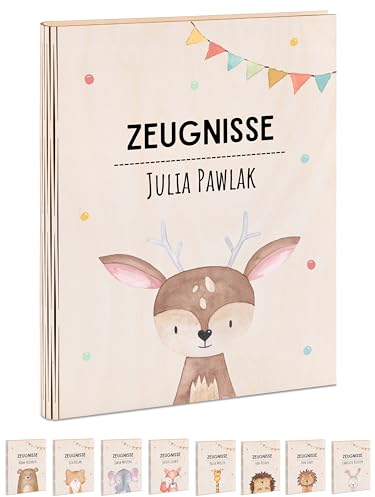 wunderwunsch® - Personalisierte Zeugnismappe aus Holz mit hochwertigem Spezial-Druck - Einschulung Geschenk - Zeugnismappe Jungen & Zeugnismappe Mädchen (Reh Girlande)