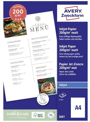 Avery Zweckform Art. 2681 Business Inkjet Papier (50 Blatt, 200 g/m², A4, mattes Druckerpapier, beidseitig beschichtet & bedruckbar, sofort trocken & wischfest, Flyerpapier für Inkjet-Drucker) weiß