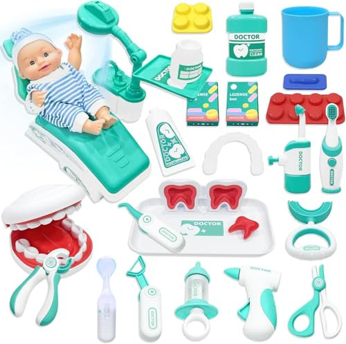 VBACALA 29 Pièces Malette Docteur Enfant, Jouets de Dentiste, Trousse de Médecin 3 Ans et Plus, Jeux de Rôle Ensemble de Jouets, Garçons et Filles (Vert)