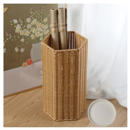 Porte-parapluie en imitation rotin tissé à la main avec cadre épais et bac récupérateur d'eau, design creux, idéal pour la maison ou l'hôtel