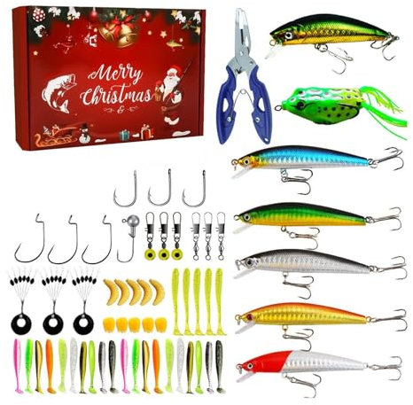 Angelköder Adventskalender 2024, Angelkalender Angelnhaken Angellieber Weihnachtskalender, 24 Tage Angelköder Set Weihnachts Countdown Kalender, Adventskalender Für Erwachsene Teenager