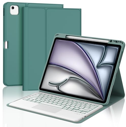 JADEMALL Für iPad Air 13 Zoll Hülle mit Tastatur - Mit 7-Farben Beleuchtung und Trackpad für M3 2025/M2 2024, Bluetooth Schutzhülle Kabellos, Pencil Halter, Premium, QWERTZ-Layout, Dunkelgrün