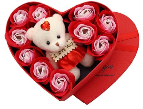Factorys Blumenstrauß Versenden Geschenke für Frauen - 10 Rosen+Teddybär, Ewige Blume Rosenbox für Valentinstag Muttertag, Weihnachten, Geburtstag, Hochzeitstag (Rot-Rosa)