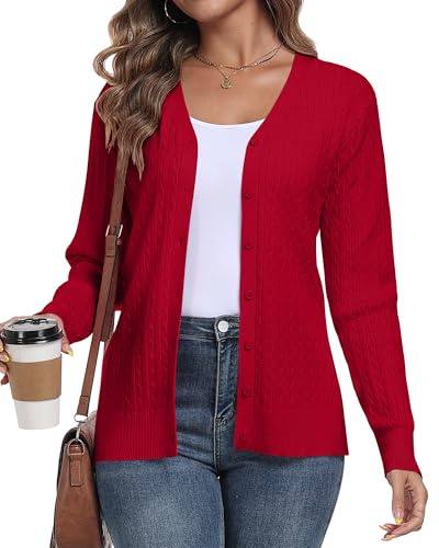 YUNDAI Womens Knit Cardigan V Neck Long Sleeve Button Down Sweater | Button Down Sweater, lightweight V neck knit cardigan with button closure, soft ribbed fabric for layering & casual wear