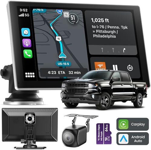 Jzones Pantalla Coche de 9 Pulgadas con CarPlay/Android Auto, Navegación GPS, Bluetooth, Pantalla Carplay Coche con Cámaras Frontales 4K y Traseras 1080P, Control de Voz, Instalación Fácil Plug & Play