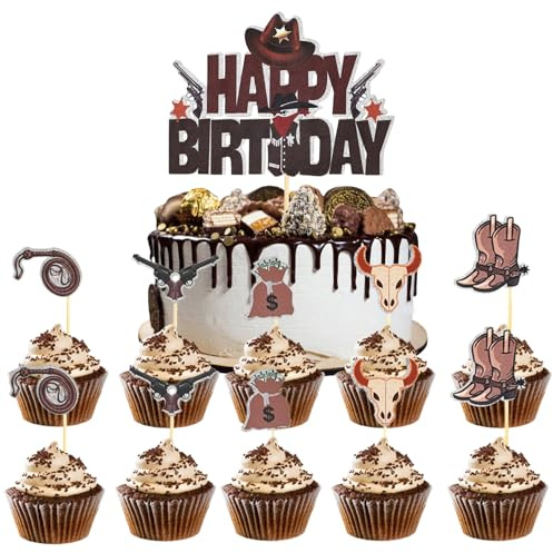 16Stk Cowboy Cake Toppers, Cowboy Geburtstag Party Dekorationen, Western Cowboy Geburtstag Kuchen Toppers, Cowboy Hufeisen Stiefel Cupcake Toppers, Western Cowboy Thema schillernden Kuchen