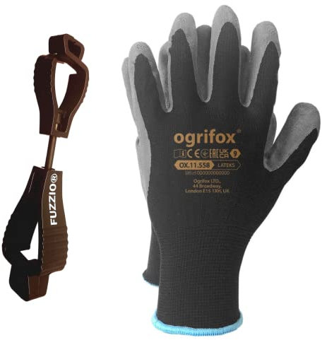 FUZZIO 12 Paar Arbeitshandschuhe Herren Gr 10, Mechaniker Handschuhe Schwarz, Gartenhandschuhe Herren, Arbeitshandschuhe Damen, Montagehandschuhe Herren, Latex Beschichtung mit Handschuhclip
