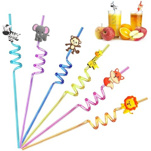 6 Pezzi Cannucce Animali Giungla per Bambini, Cannucce Animali Giungla, Cannucce Riccia,Cannucce Riutilizzabili Bambini Per Feste Di Compleanno Per Bambini, Decorazioni Per Feste Di Famiglia