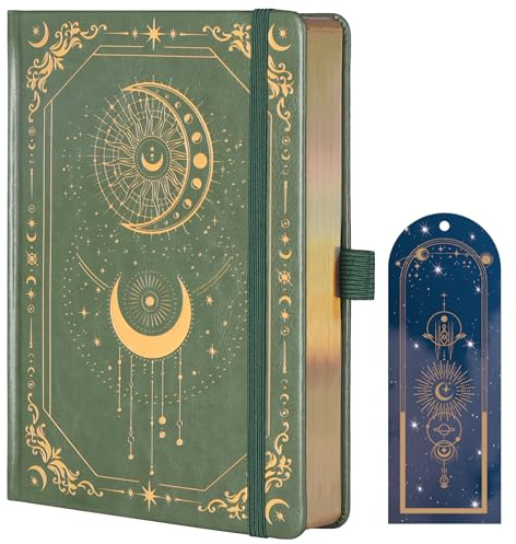 TIEFOSSI Notizbuch gepunktete Seiten Damen Herren, 160 g/m², 20,7 x 14,7 cm | A5-Tagebuch Leder-Hardcover Schreiben, 190 nummerierte Seiten, Mondkalender Arbeit Skizzen