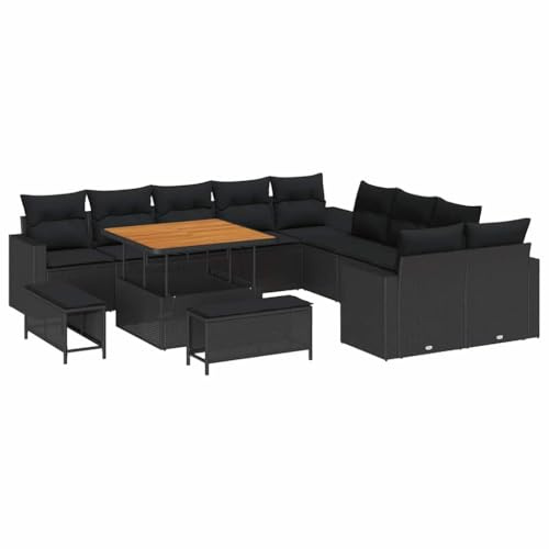 vidaXL Vier-Sitzer Gartenbank-Set mit Kissen in Schwarz – Handgewebtes Poly-Rattan und Akazie für Gartenmöbel im Patio-Stil, perfekte Sitzgruppe für den Sommer auf der Terrasse.